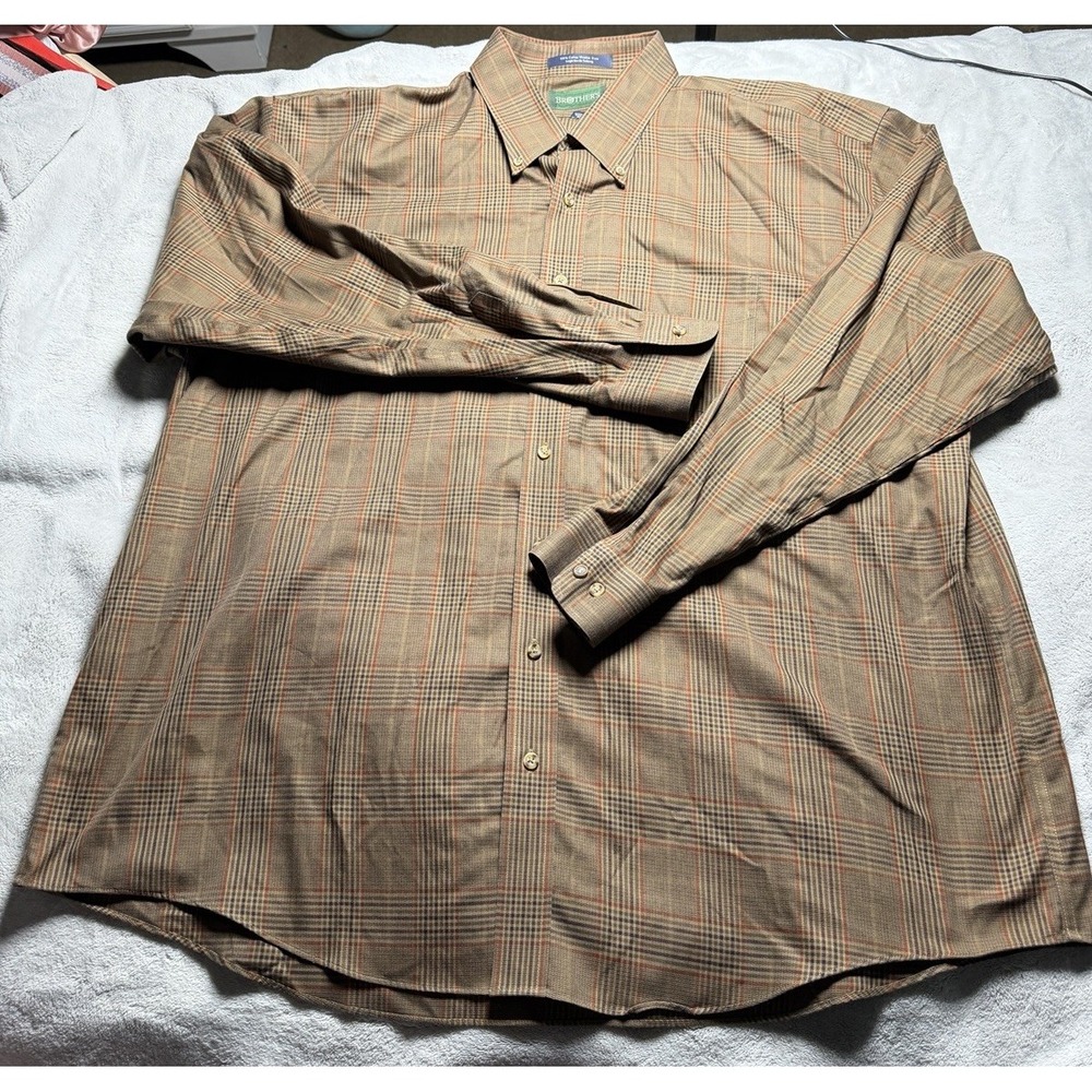 Brothers Men 2XL Brown Plaid Country Club 100% Cotton Button Down Shirt